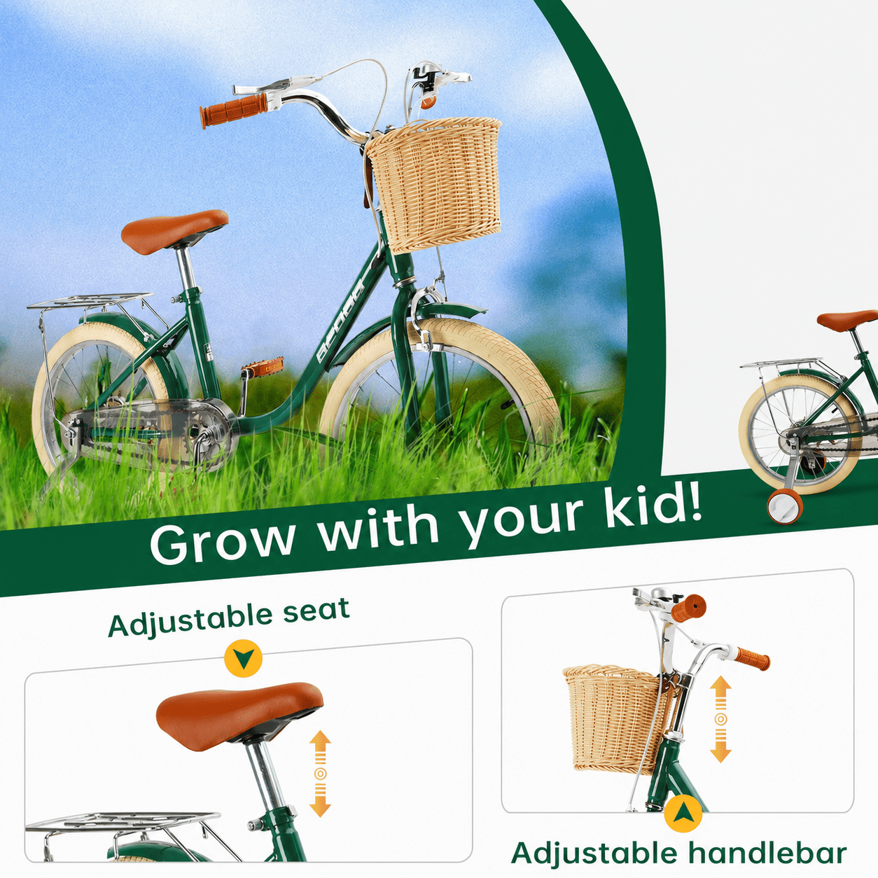 18 Inch Kids Bike with Removable Training Wheels, Adjustable Seat, Steel Frame & Dual Brake, Kids Bicycle for 6-10 Years Old Toddler Girls Boys