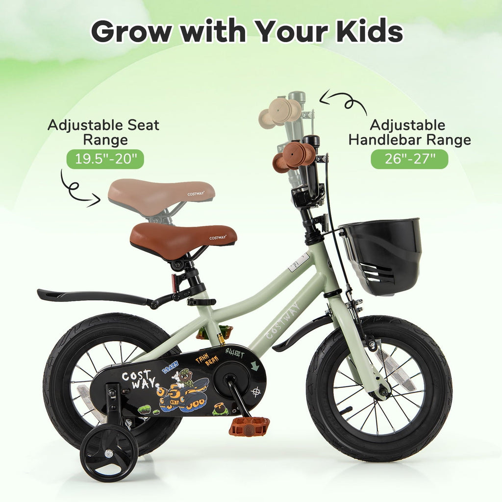 Costway 12 Kid's Bike with Training Wheels Adjustable Handlebar & Seat Handbrake Green