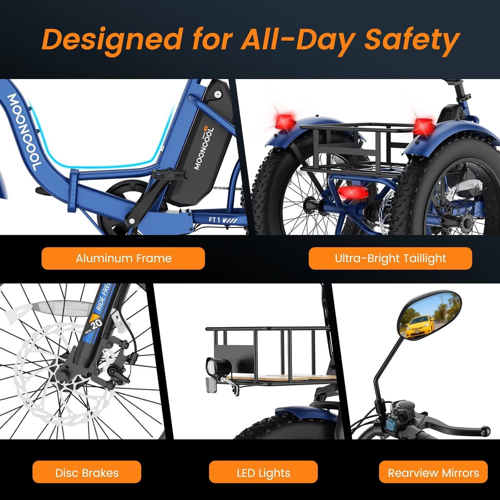 MOONCOOL Folding Electric Tricycle for Adults, 20 x 4 Fat Tire Electric Trike, 48V Peak 1092W  Electric Bicycle, 3 Wheels 7 Speed Ebike w/ 14.5Ah Removable Battery& Speed Differential Mechanism