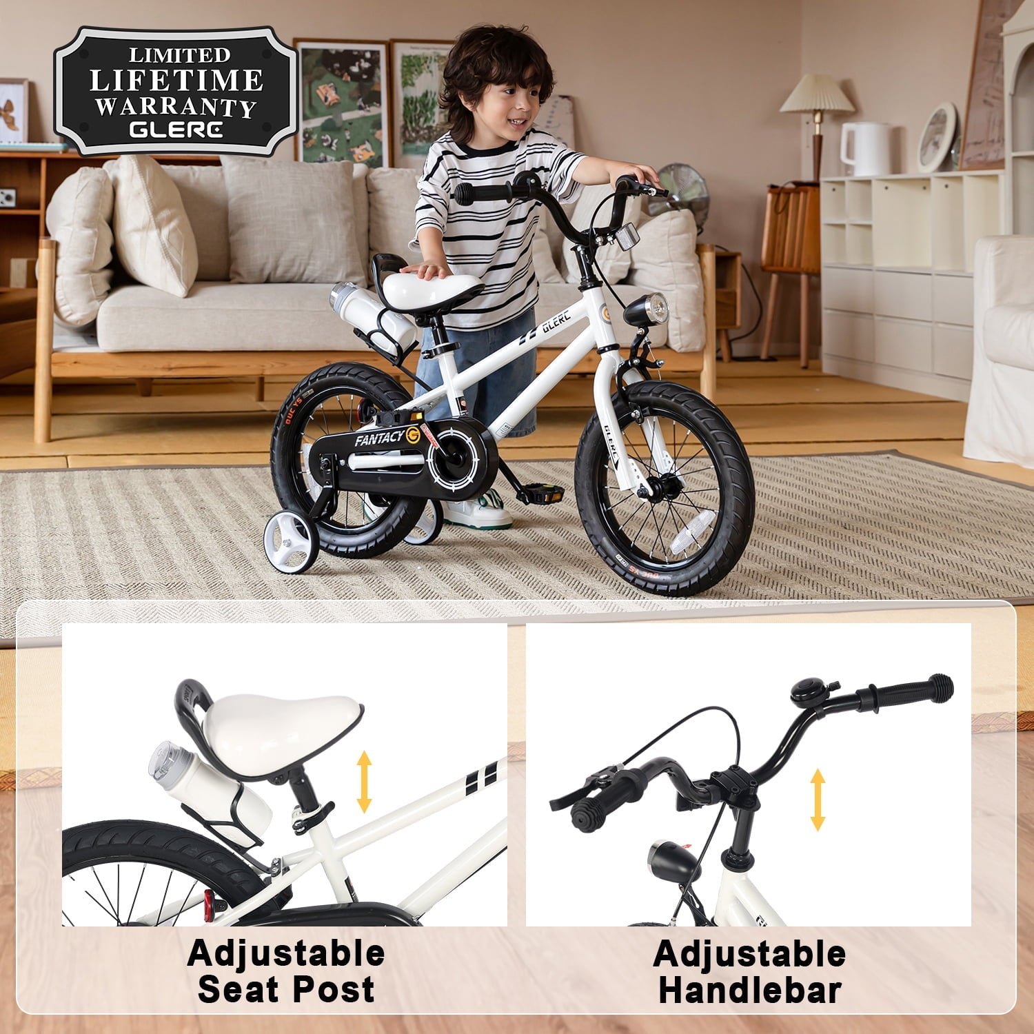 Glerc 14 inch Kids Bike for Child 3-5 Year old Boys Girls with Water Bottle Holder & Headlight & Training Wheels, Black
