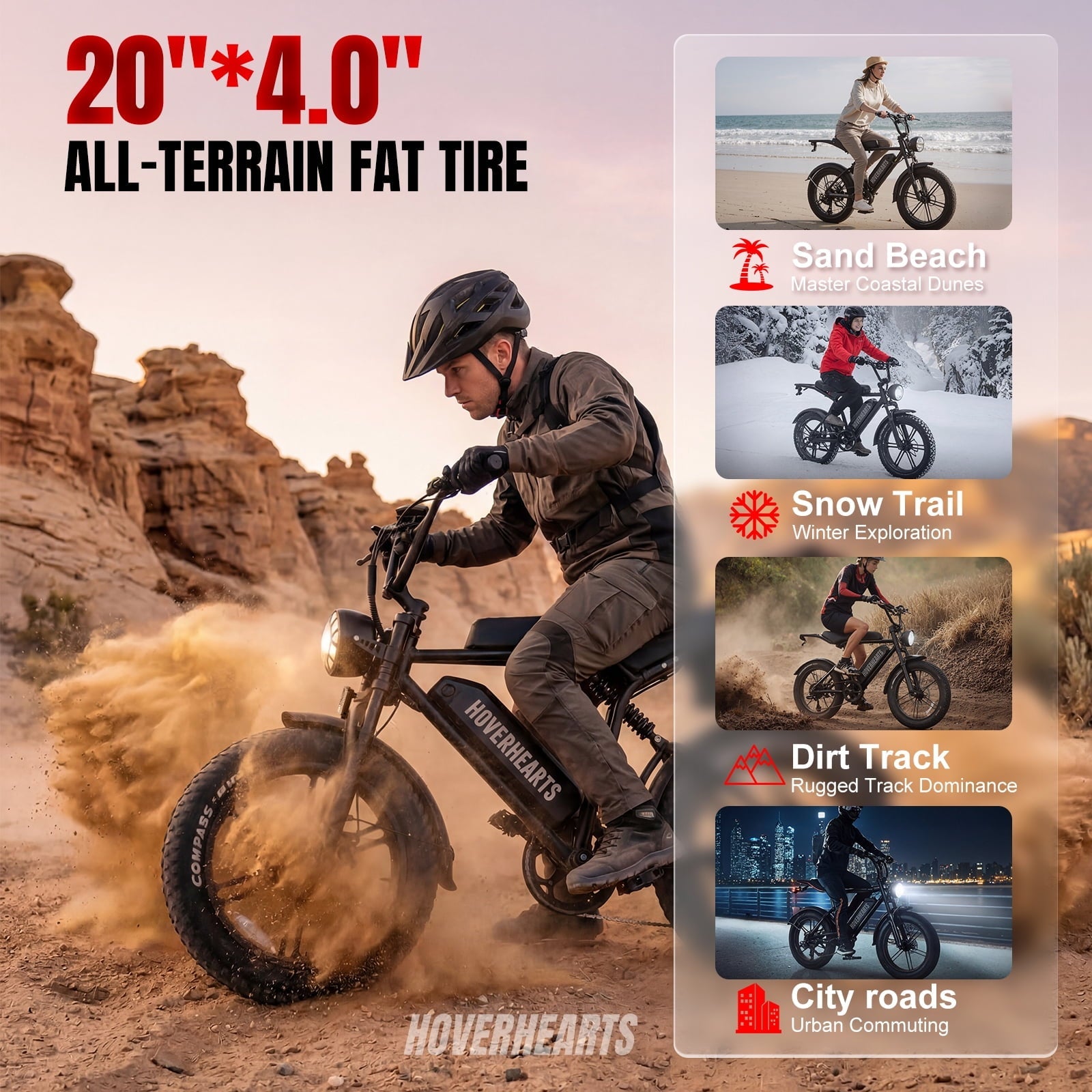 HOVER HEART 20 Fat Tire E-Bike 500W Electric Bicycle for Adults 48V 15Ah 28mph 7 Speed Hydraulic Brakes Retro Style Electric Bike with LCD Display