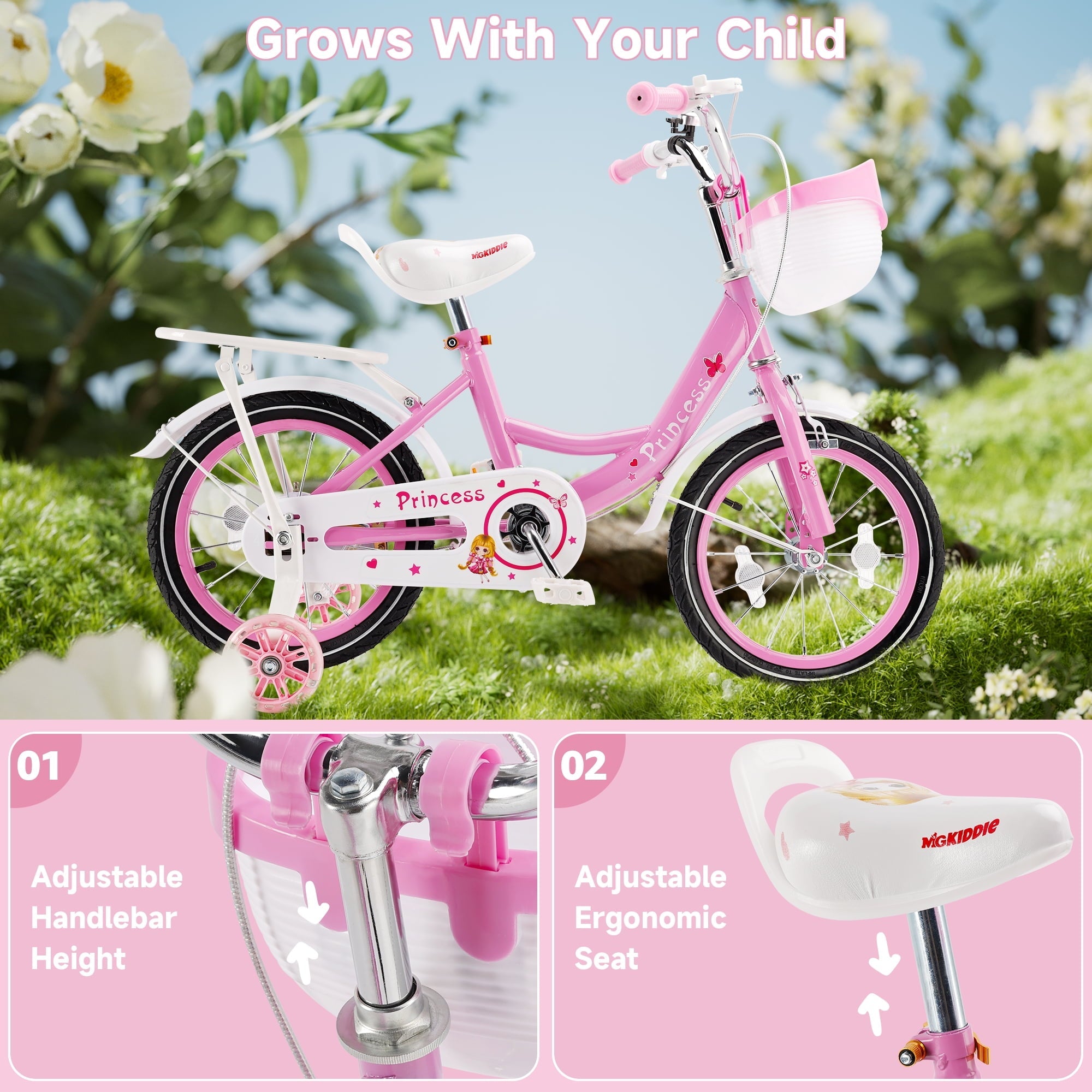 16 18 Inch Girls Bike for Toddlers and Kids Ages 4-9 Years Old, Kids Bike with Flashing Training Wheels & Basket, Girls Bicycle with Handbrake & Kickstand, Pink/Purple
