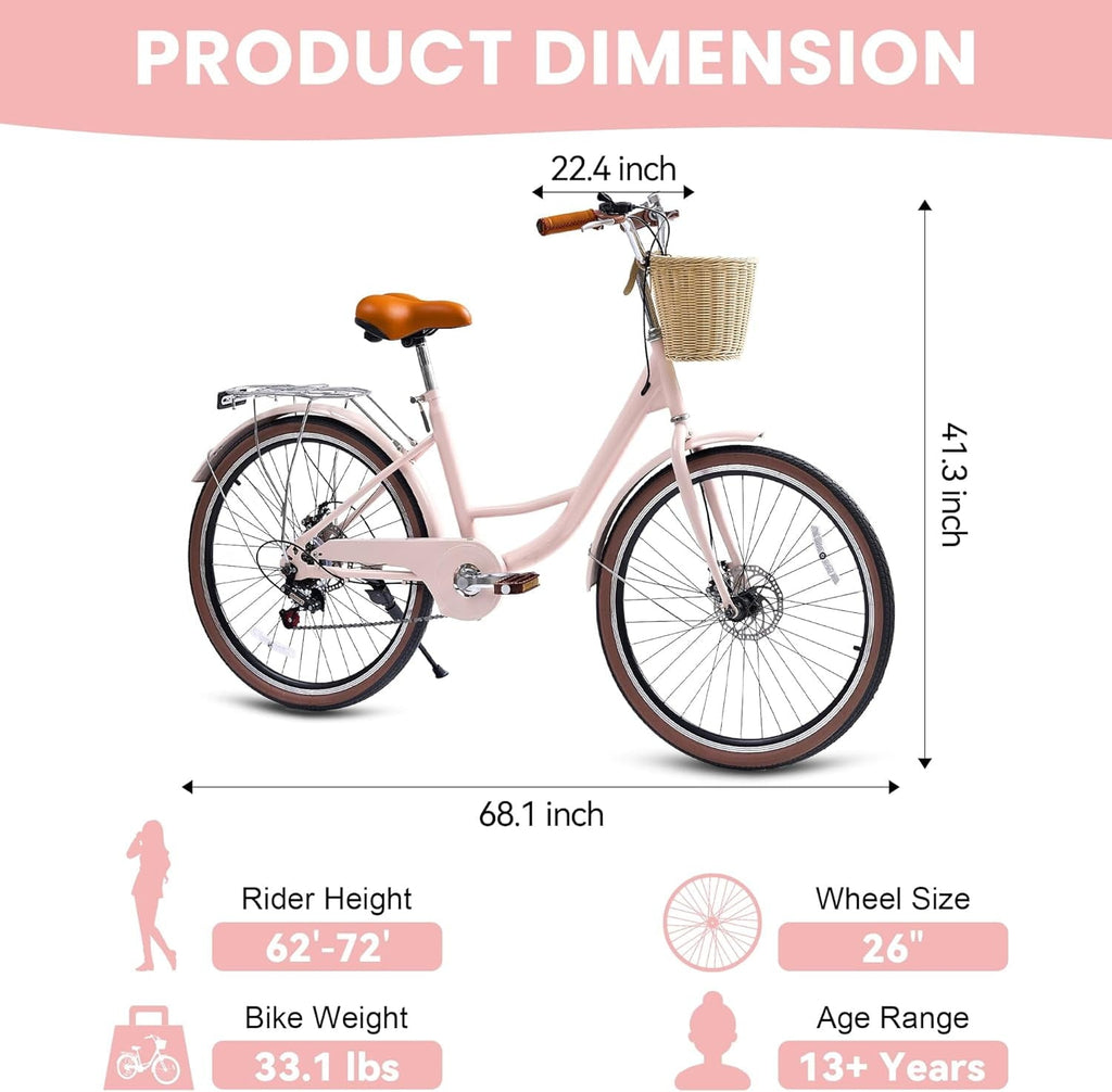24 Beach Cruisers for Women, Pipleo Bikes for Women with Rattan Basket, 7-Speed & Step-Through Frame