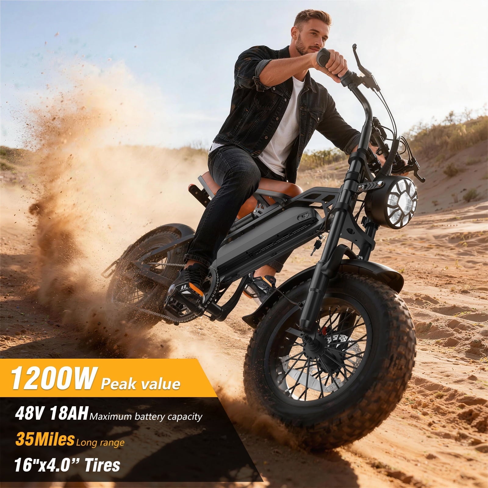 1200W Off-Road Electric Bike for Adults, 48V 18AH Removable Battery, 16 Wide Tires, 5-Speed Transmission, Dual Disc Brakes & Spring Suspension