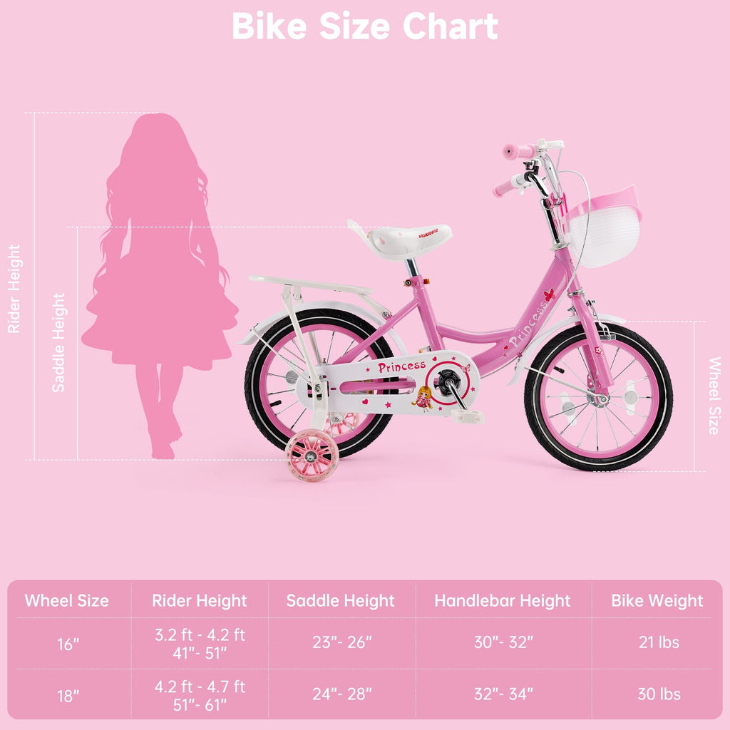 16 18 Inch Girls Bike for Toddlers and Kids Ages 4-9 Years Old, Kids Bike with Flashing Training Wheels & Basket, Girls Bicycle with Handbrake & Kickstand, Pink/Purple