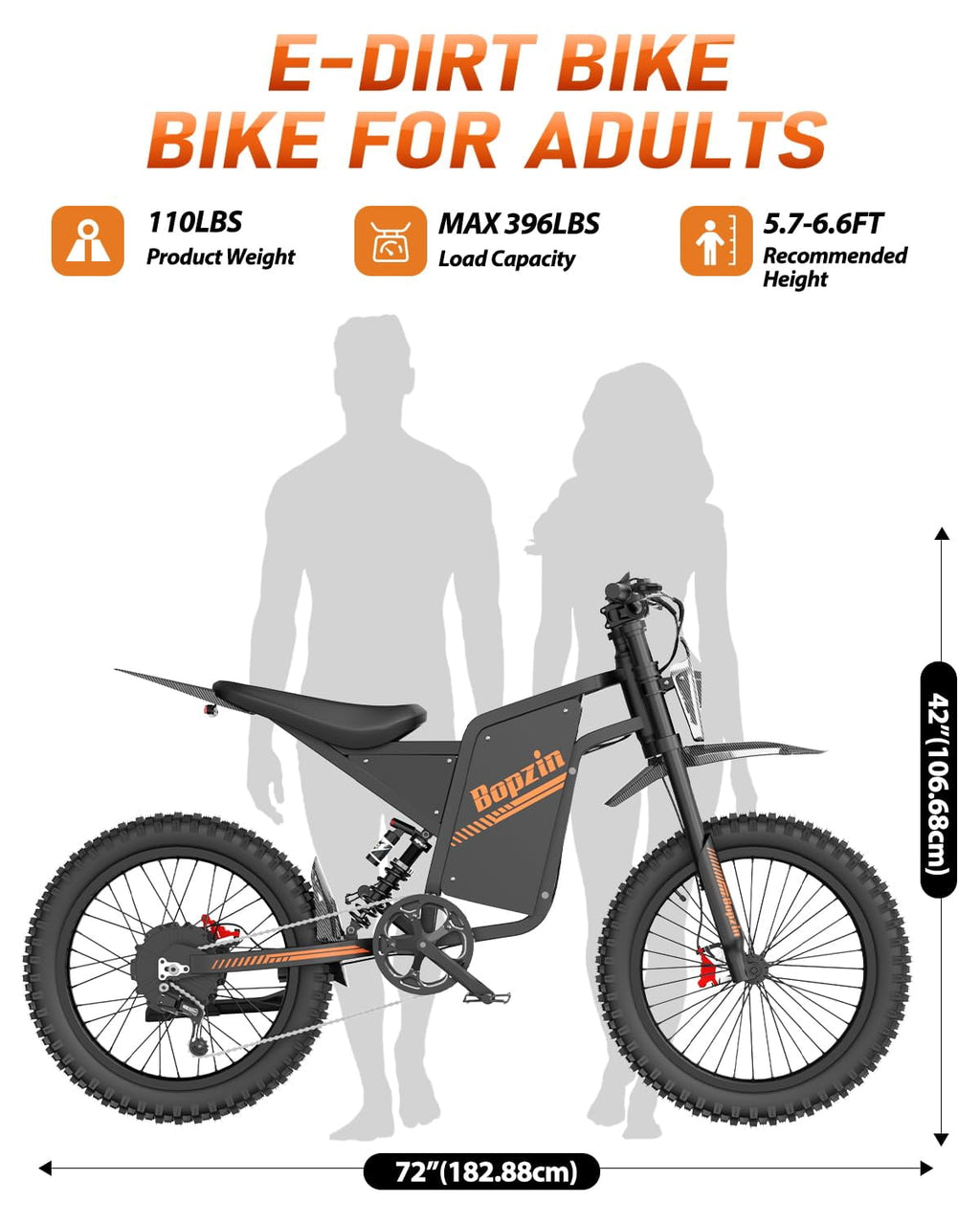 Bopzin Electric Dirt Bike for Adults, Smart App Anti-Theft, 60V 25Ah Up to 100 Miles, 3000W 20x3.0 Fat Tire Electric Bike UL2849