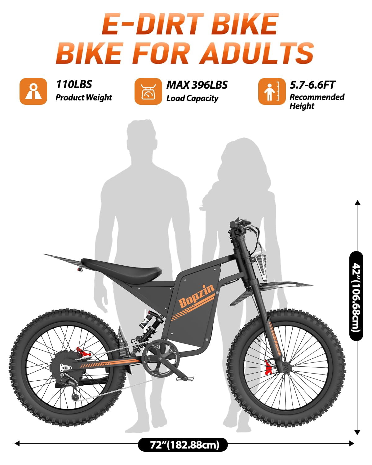 Bopzin Electric Dirt Bike for Adults, Smart App Anti-Theft, 60V 25Ah Up to 100 Miles, 3000W 20x3.0 Fat Tire Electric Bike UL2849