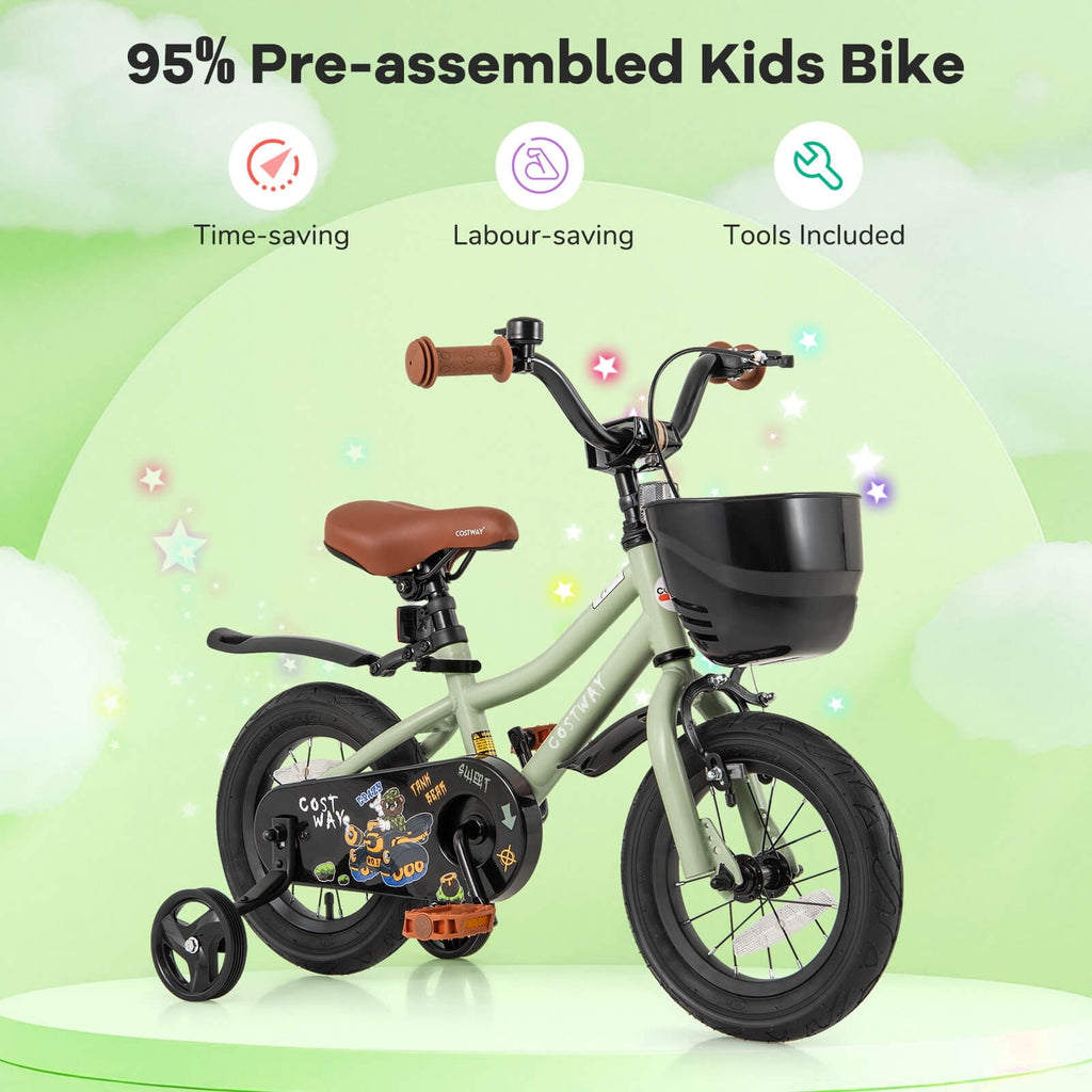 Costway 12 Kid's Bike with Training Wheels Adjustable Handlebar & Seat Handbrake Green