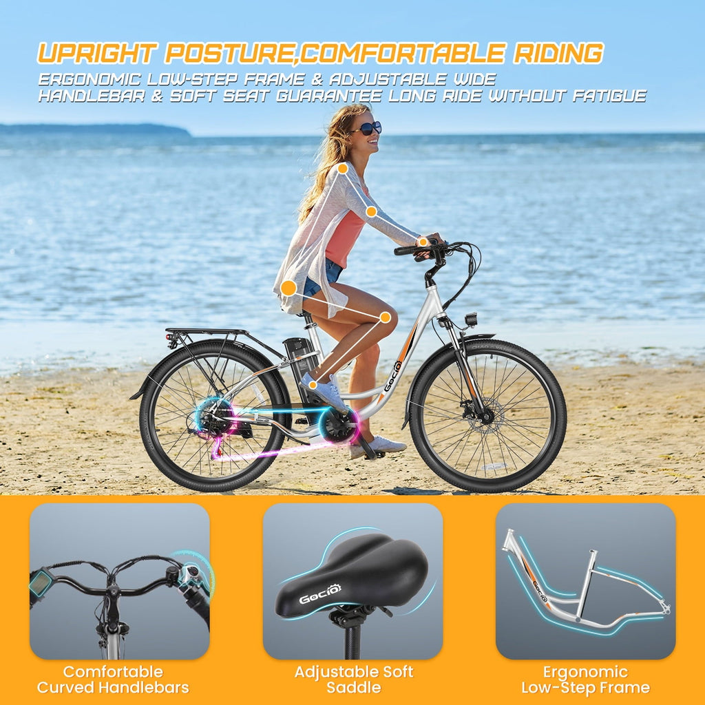 Gocio 26 Electric Bike for Adults, 500W Motor, City Commuter E-Bike, 48V 7.8Ah Removable Battery, Max 19.8Mph, 7 Speed, UL2849