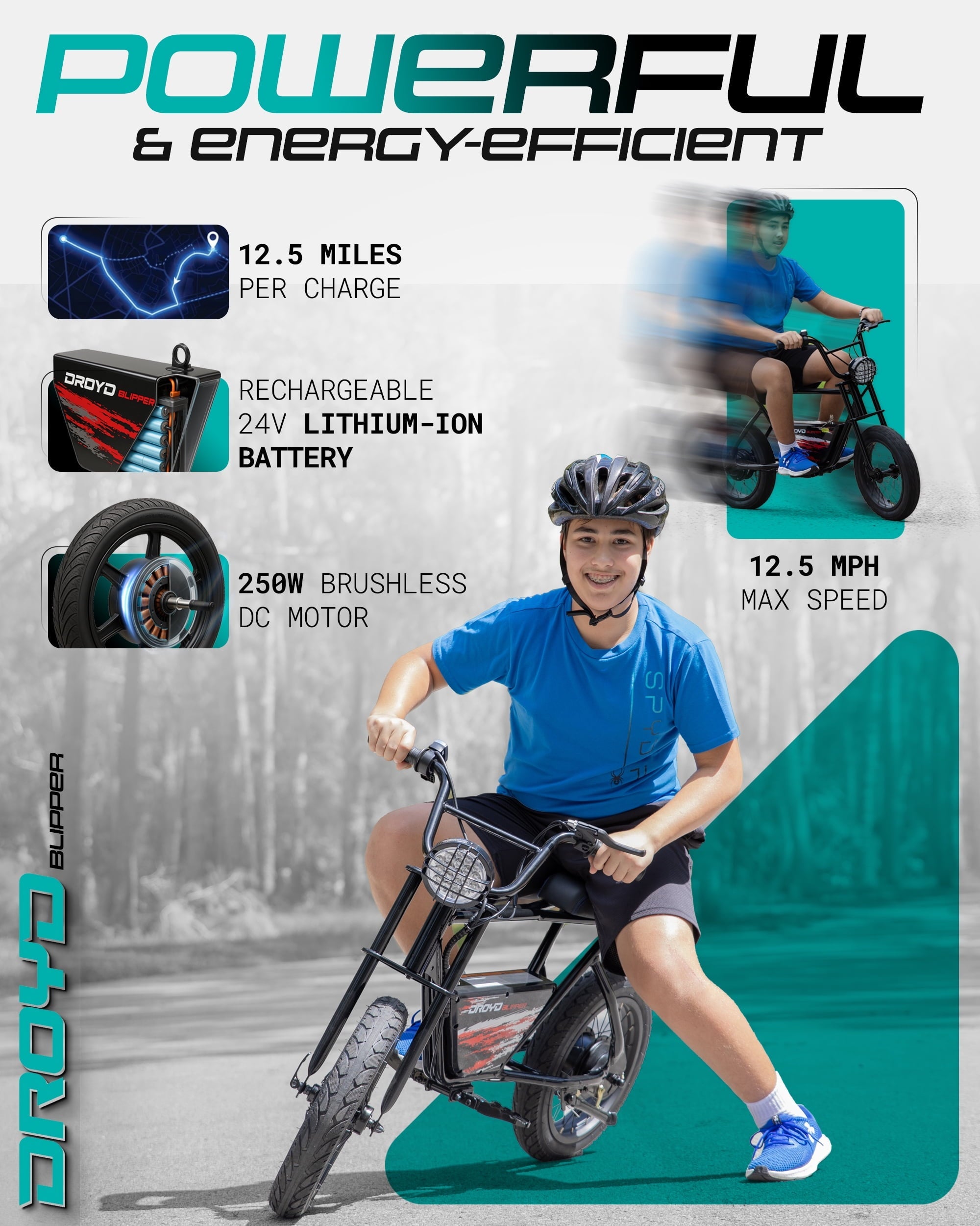 Droyd Blipper Electric Mini Bike - 250W Ebike for Kids Ages 12-13, Safe Electric Ride