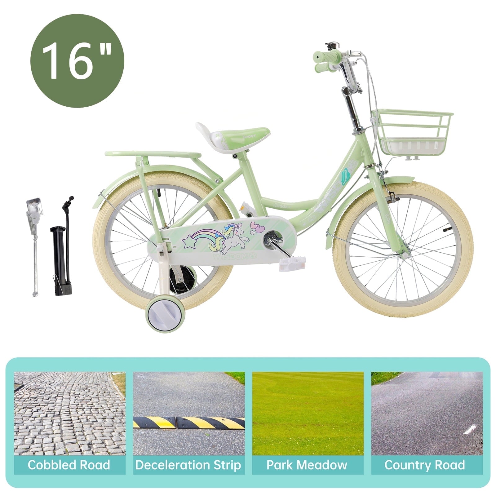 16/18 Inch Bike Kids Bicycle with Basket, Girls Bikes Ages 5-10, Kids Bicycles with Front and Rear Brakes, Kid Bike with Training Wheels, Kickstand, Rear Seat