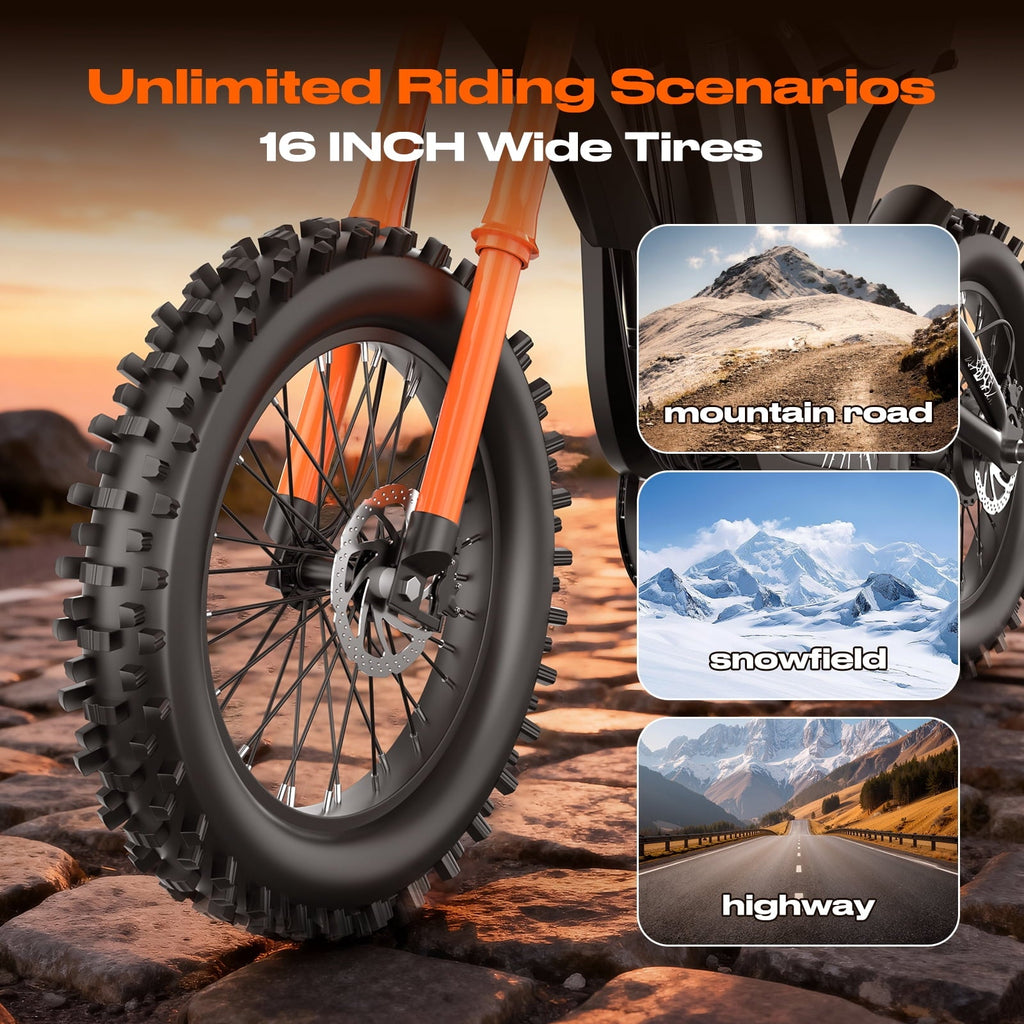 Electric Dirt Bike, 3000W Peak Motor, 35MPH Electric Motorcycle,48V/25AH Battery E Mountain bike, 5 PAS Speeds, Hydraulic Brakes, UL2849 Full Suspension 16 Off Road Tire