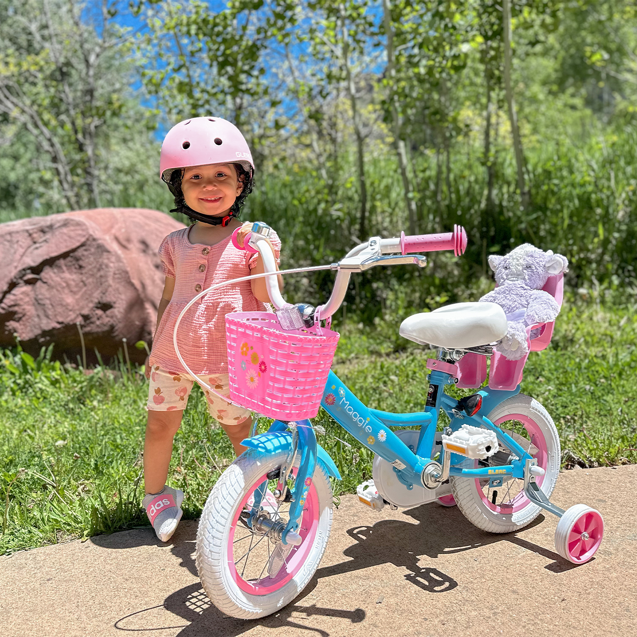 Glerc Maggie 14 inch Kids Girls Bike for Ages 3-5 Years Old Children, Princess Style Kids Bicycle with Doll-Seat & Basket & Training Wheels, Pink
