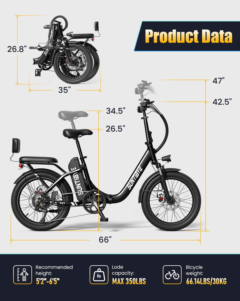 SE1 Folding Electric Bike 1000W 48V 15Ah, 20x3.0 Commuter Ebike with Passenger Seat UL2849