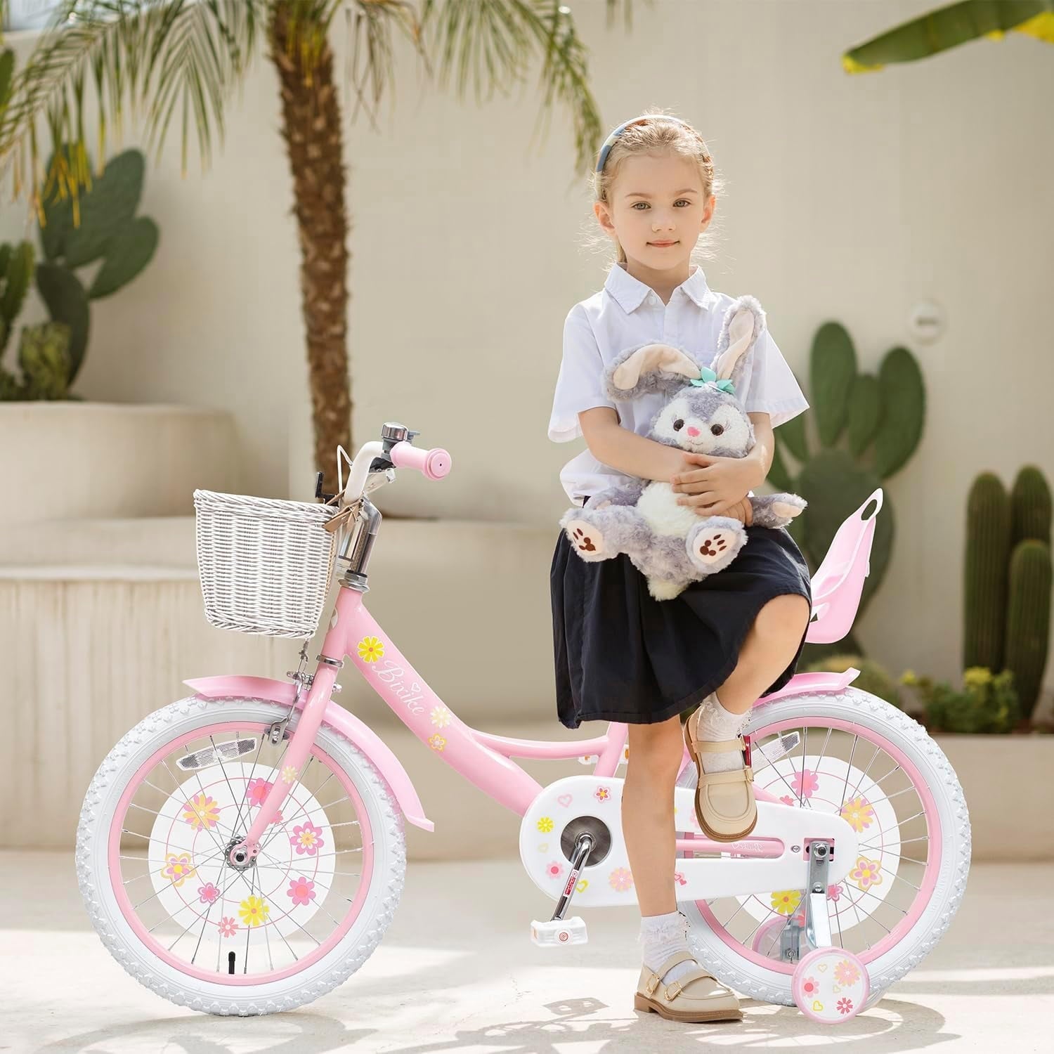 ACEGER 14 Inch Girls Bike with Basket, Training Wheels, Doll Seat, Purple Kids Bicycle for Ages 3-5