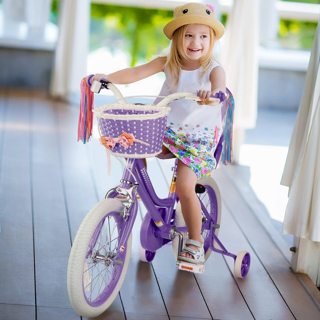 XJD Girls Bike for Toddlers 3-9 Years Old Kids, 16 Inch Kids Bike with Training Wheels, Streamers, Basket and Doll Seat, Children Bicycles with Handbrake