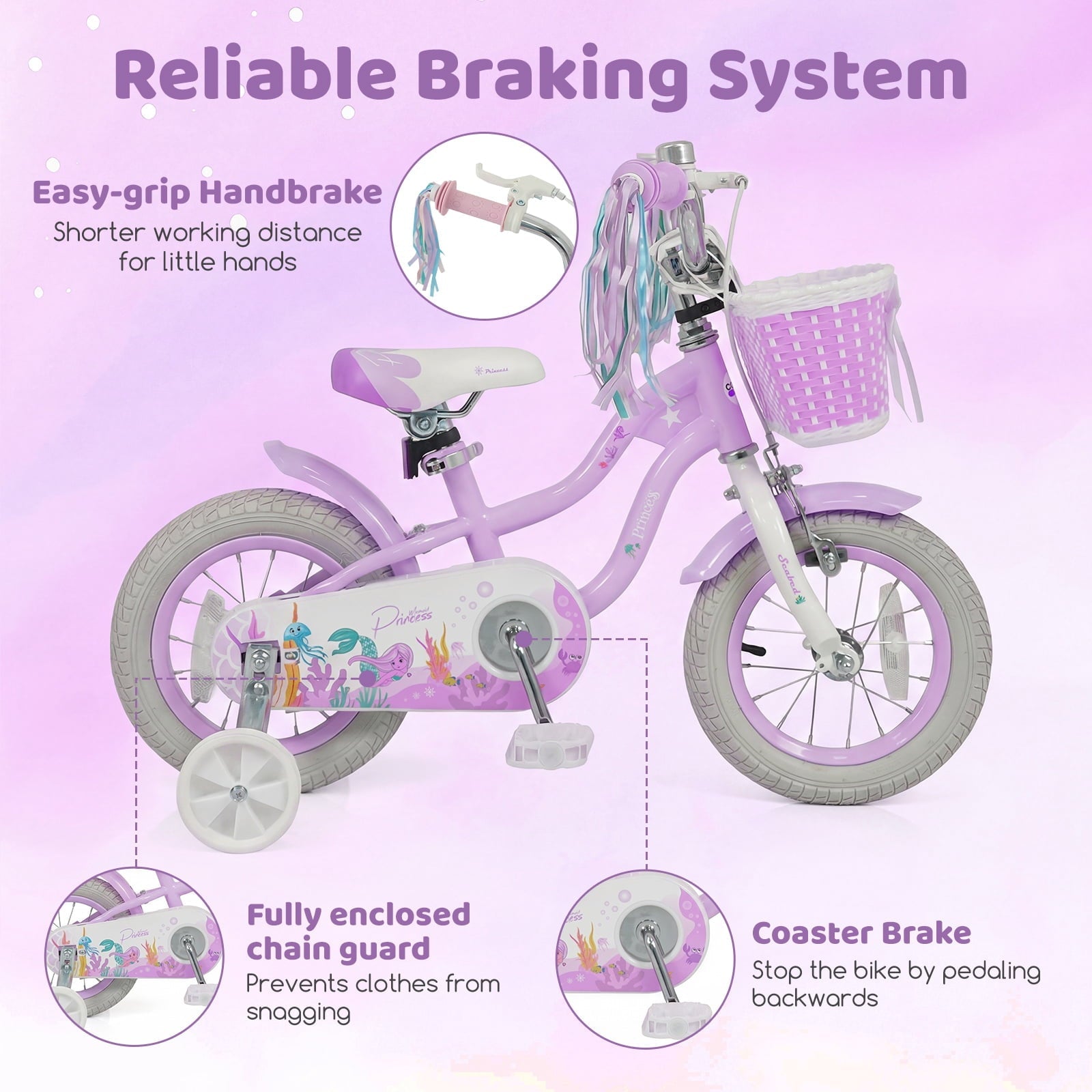 Costway 14 Kids Bike with Training Wheels Hand Coaster Brakes Adjustable Seat Handlebar Pink