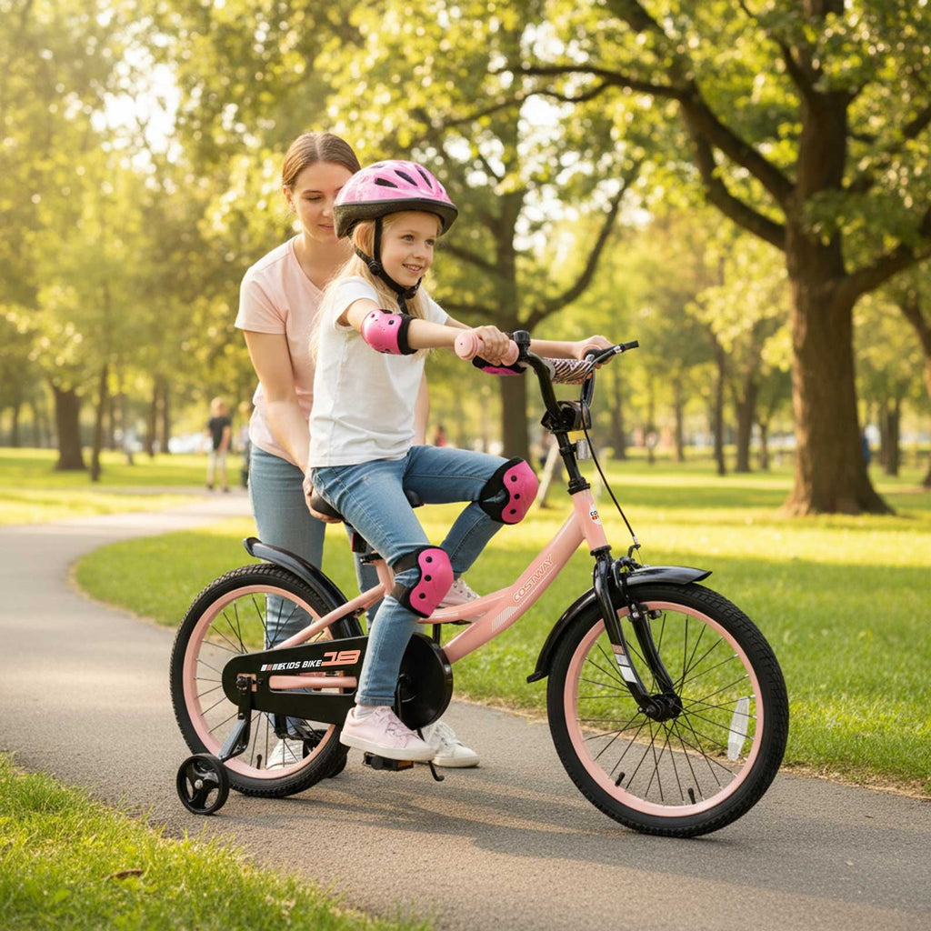 Costway 18 Inch Kids Bike with Training Wheels, Dual Brakes, Adjustable Seat & Handlebar Height Pink