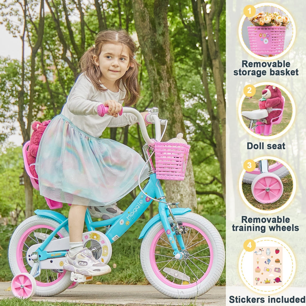 Glerc Maggie 14 inch Kids Girls Bike for Ages 3-5 Years Old Children, Princess Style Kids Bicycle with Doll-Seat & Basket & Training Wheels, Pink