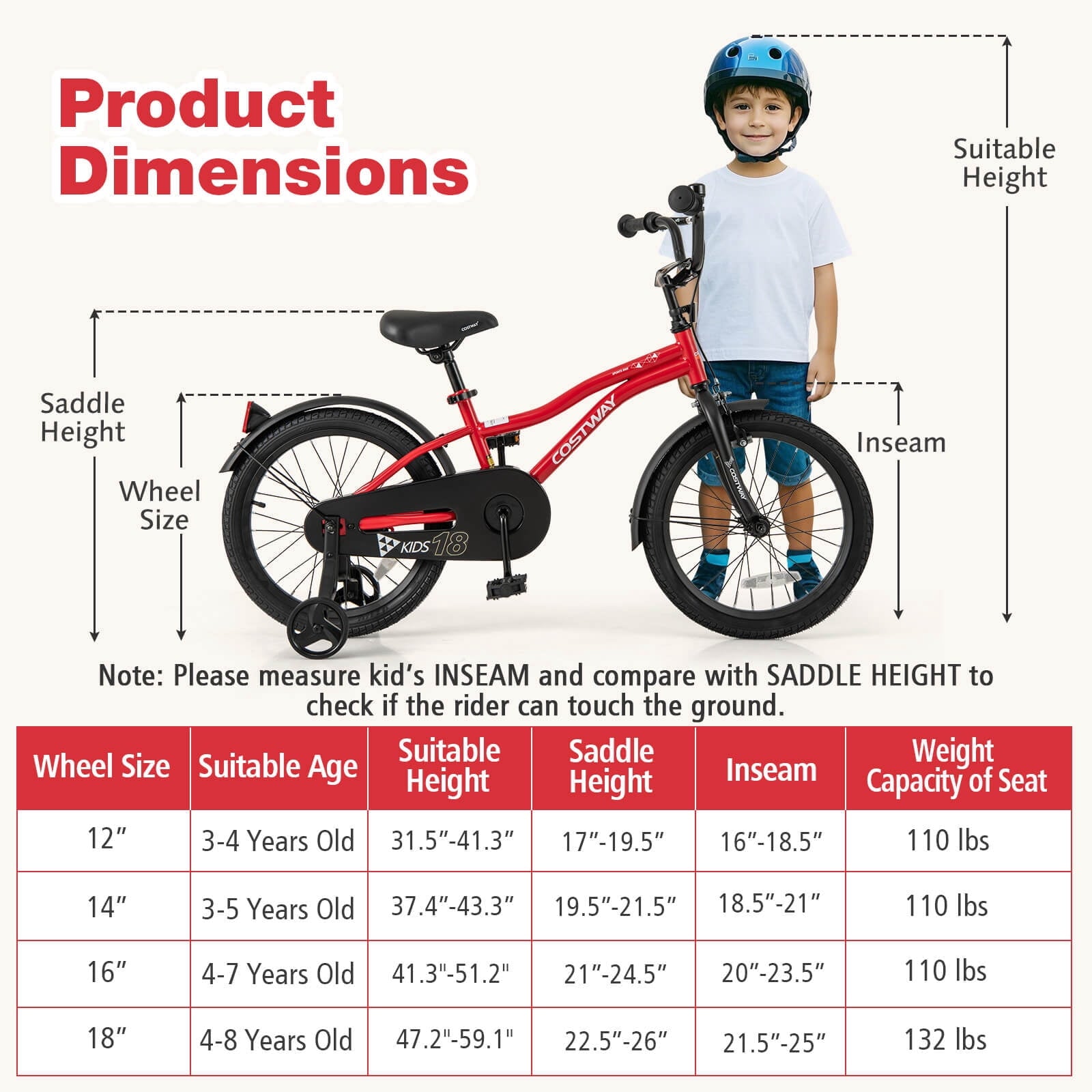 Costway 18 Kids Bike for 4-8 Years Old Boys & Girls with Adjustable Seat Handbrake Reflectors Red
