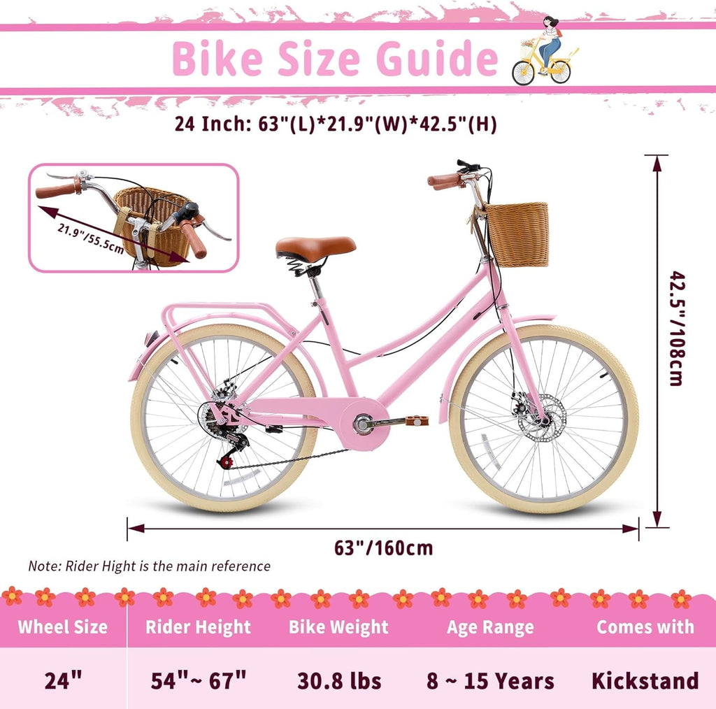 24 Beach Cruisers for Women, Pipleo Bikes for Women with Rattan Basket, 7-Speed & Step-Through Frame