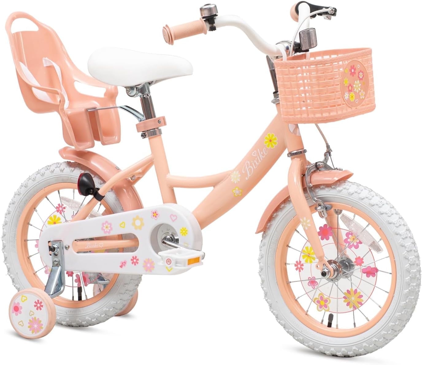 ACEGER 14 Inch Girls Bike with Basket, Training Wheels, Doll Seat, Purple Kids Bicycle for Ages 3-5
