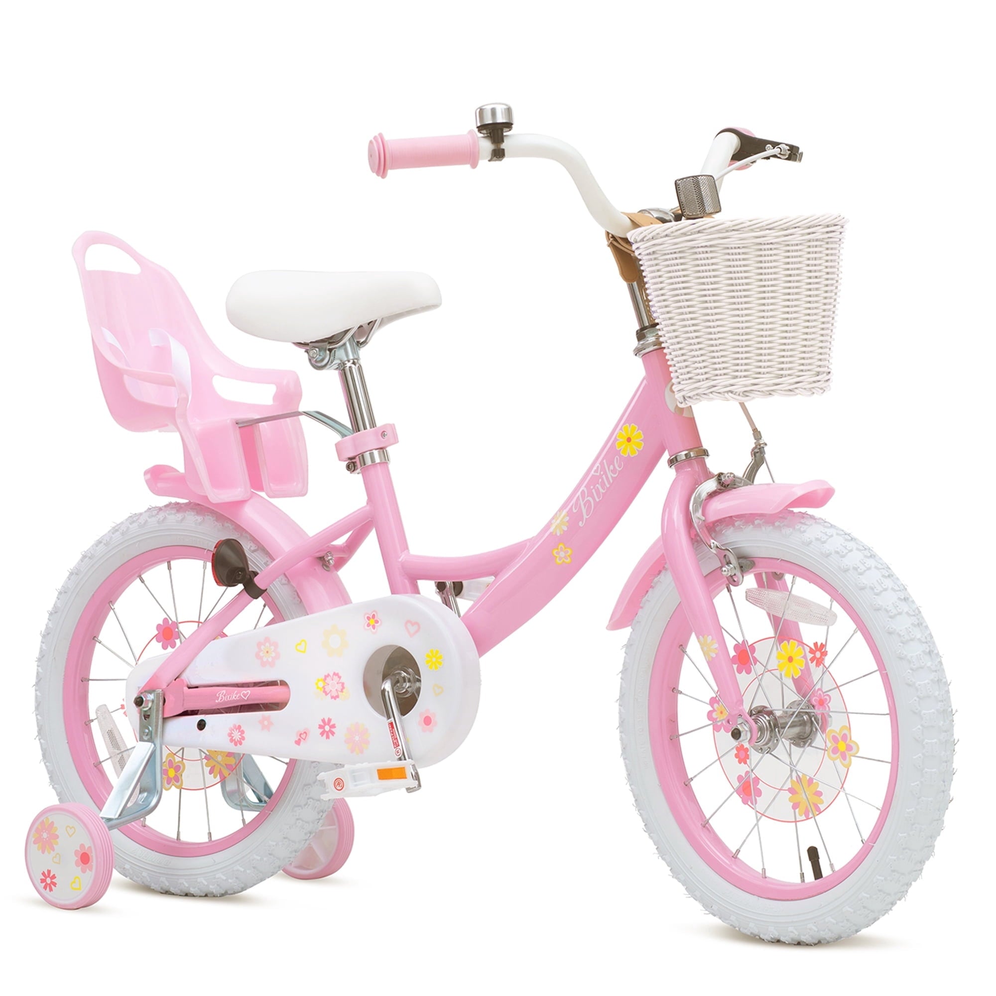 ACEGER 14 Inch Girls Bike with Basket, Training Wheels, Doll Seat, Purple Kids Bicycle for Ages 3-5
