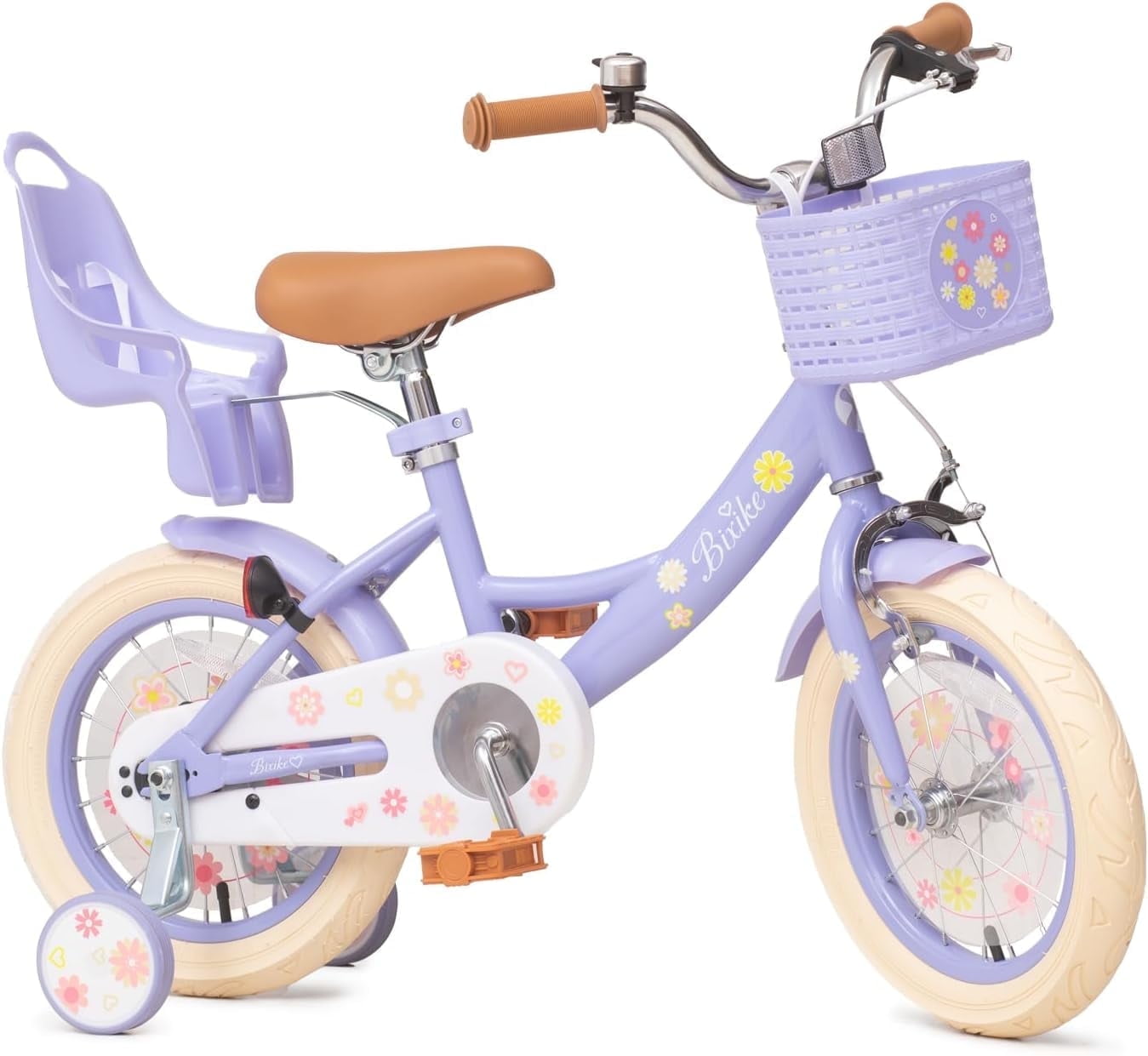 ACEGER 14 Inch Girls Bike with Basket, Training Wheels, Doll Seat, Purple Kids Bicycle for Ages 3-5