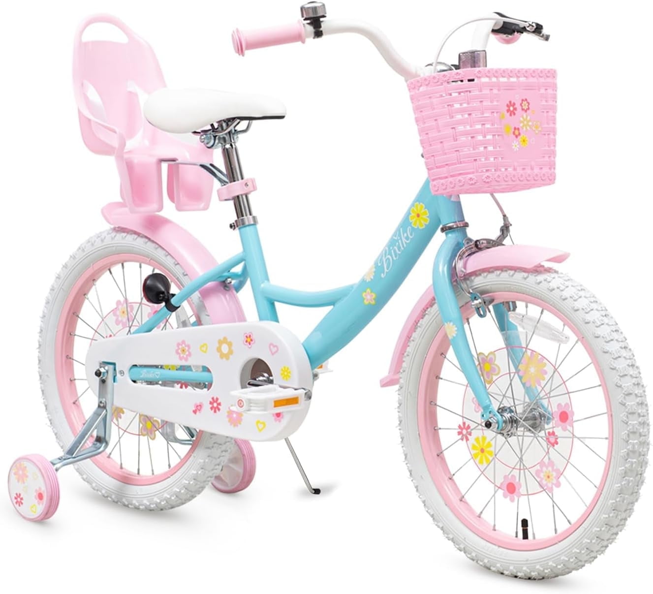 ACEGER 14 Inch Girls Bike with Basket, Training Wheels, Doll Seat, Purple Kids Bicycle for Ages 3-5