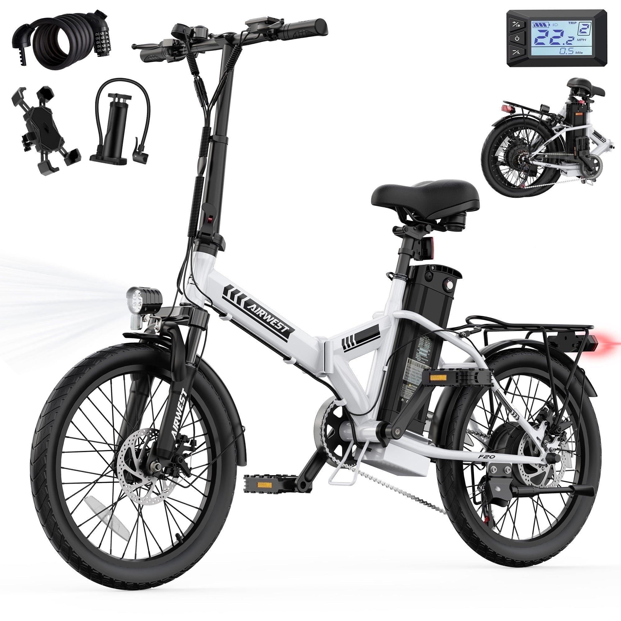 AIRWEST Electric Bike, 20 Folding Ebike for Adults, Peak 750W 20MPH Commuter E Bike with 48V 7.8AH Battery&7 Speed Gear & Dual Disc Brake & Front Suspension, 40 Miles Range (UL2849)