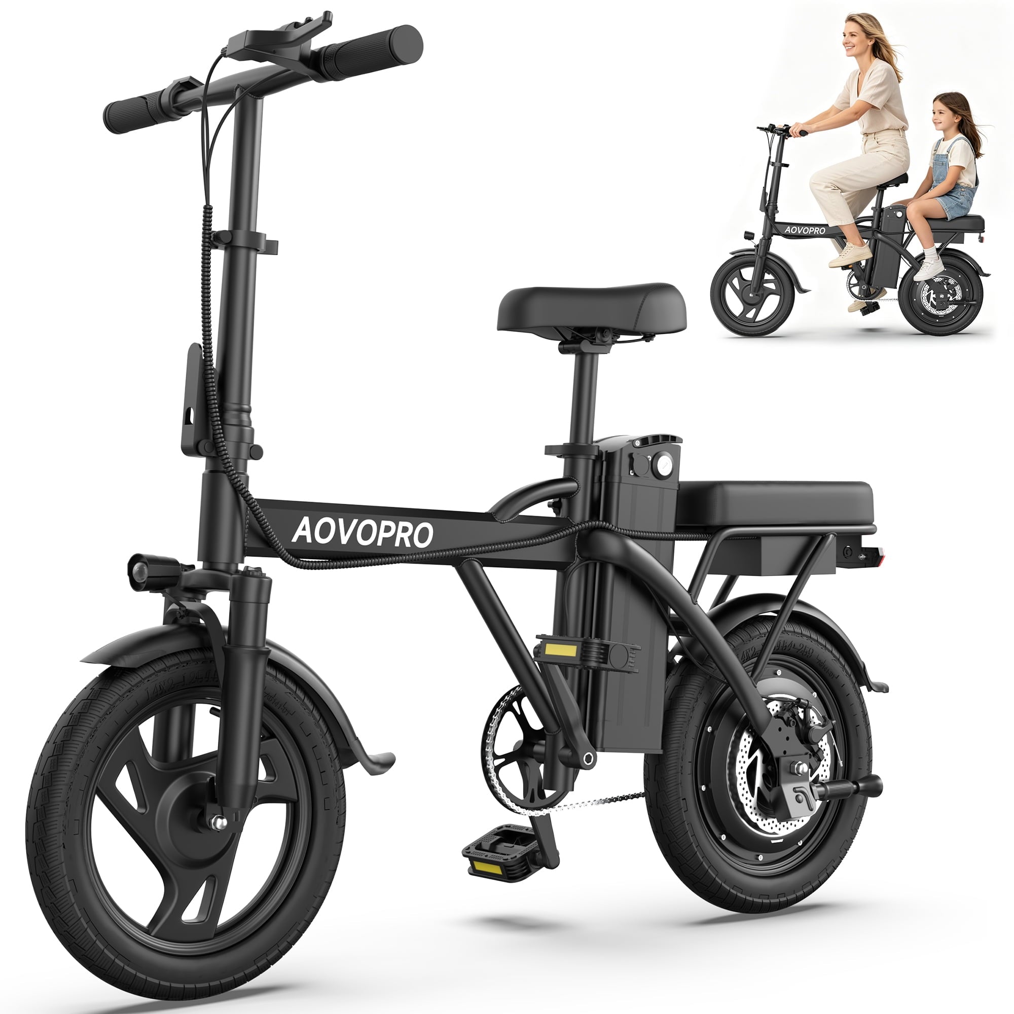 AOVOPRO AHT14 Electric Bike 500W 48V, 14' Mini Ebike for City Commuter, Electric Bicycle for Adult with Two Seats UL2849