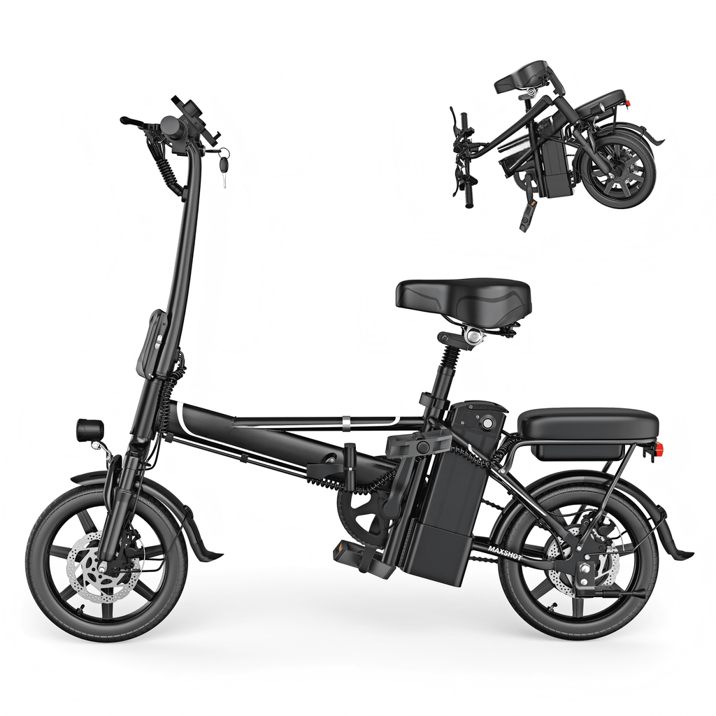 Electric Bike Black 500W 48V 15.6Ah , 14' Mini Ebike for City Commuter, Folding Electric Bicycle for Adult with Two Seats UL2849