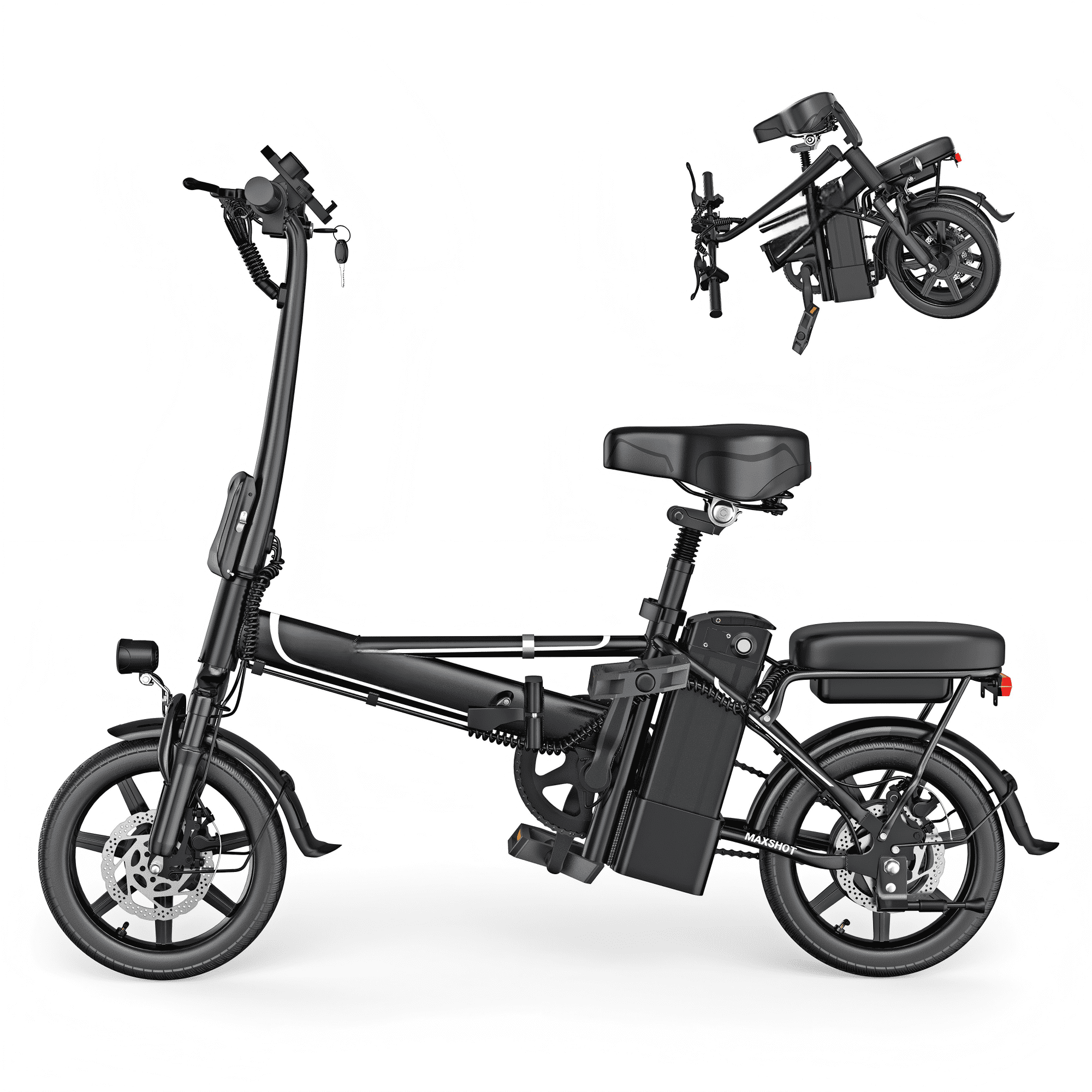 Electric Bike Black 500W 48V 15.6Ah , 14' Mini Ebike for City Commuter, Folding Electric Bicycle for Adult with Two Seats UL2849