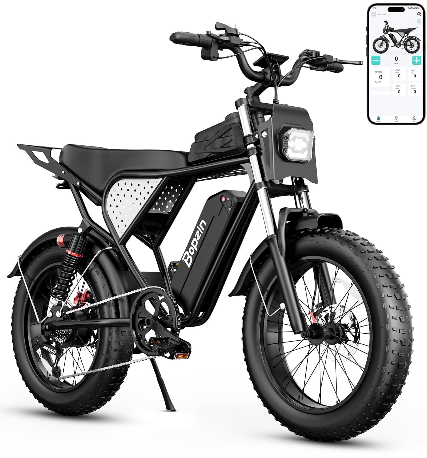 Bopzin Electric Bike for Adults, Peak 1500W App & Anti-Theft, 48V/25Ah, 20x4.0 Fat Tire Ebike, UL2849 E-Mountain Bike