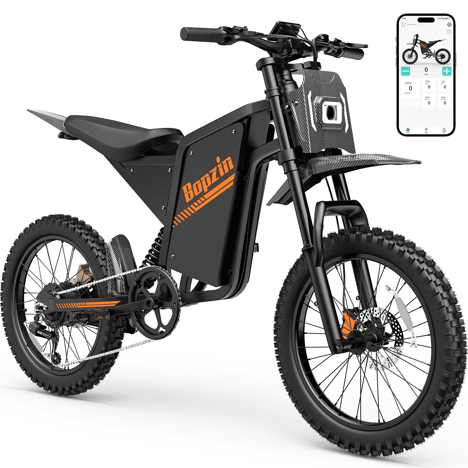 Bopzin Electric Dirt Bike for Adults, Smart App Anti-Theft, 60V 25Ah Up to 100 Miles, 3000W 20x3.0 Fat Tire Electric Bike UL2849