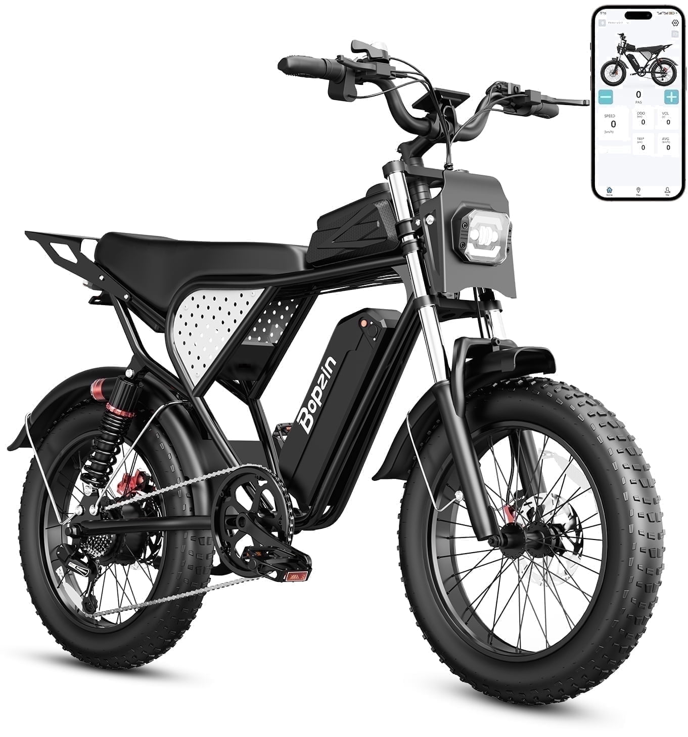 Bopzin Electric Bike for Adults, Peak 1500W App & Anti-Theft, 48V/25Ah, 20x4.0 Fat Tire Ebike, UL2849 E-Mountain Bike