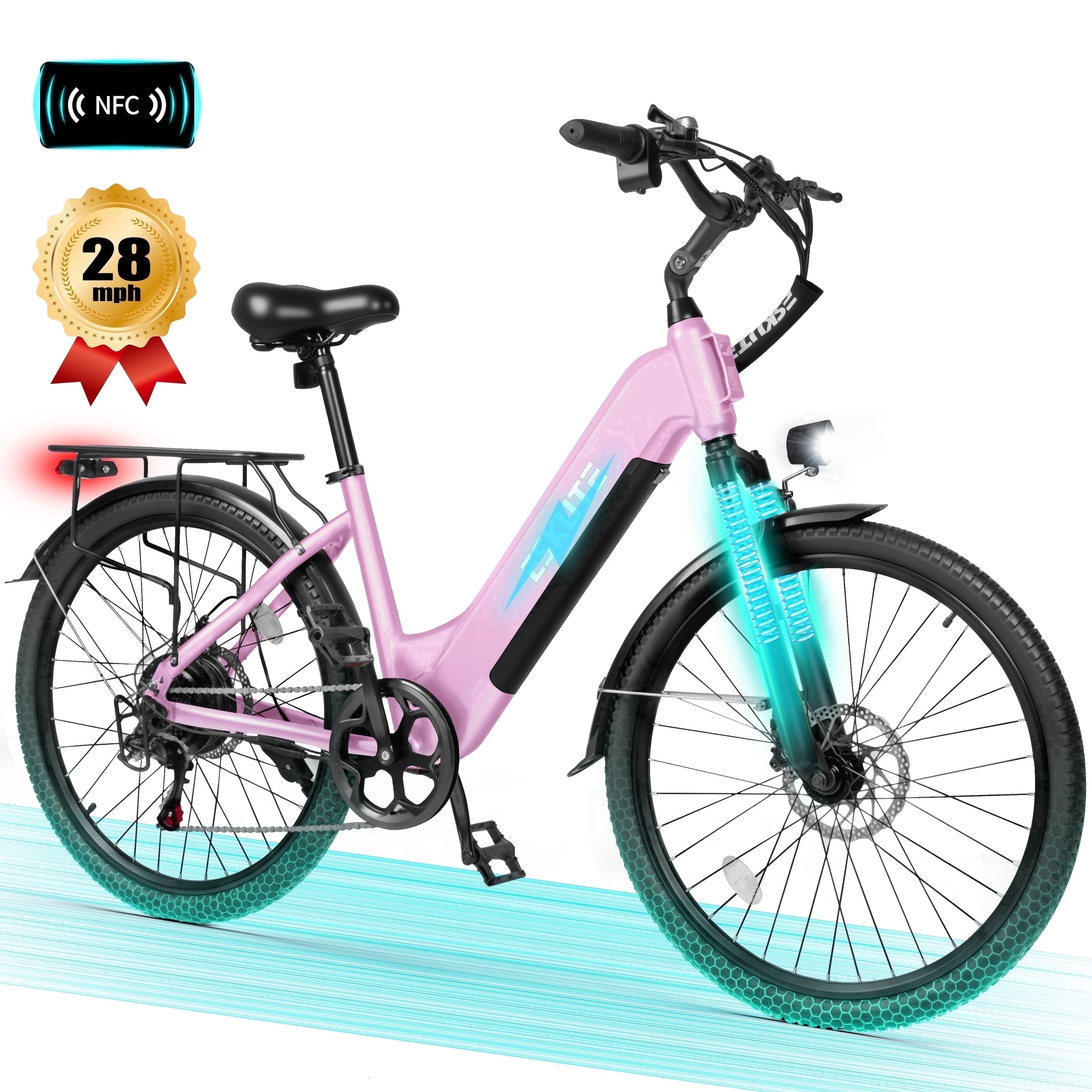 ESKUTE C200 Electric Bike for Adults, 1300W Peak Power Ebike, 28MPH Step-Thru E-Bicycle with 840Wh Removable Battery, Up to 70 Miles, 26 Tires, 7 Speed Adjustable Stem,white, UL2849