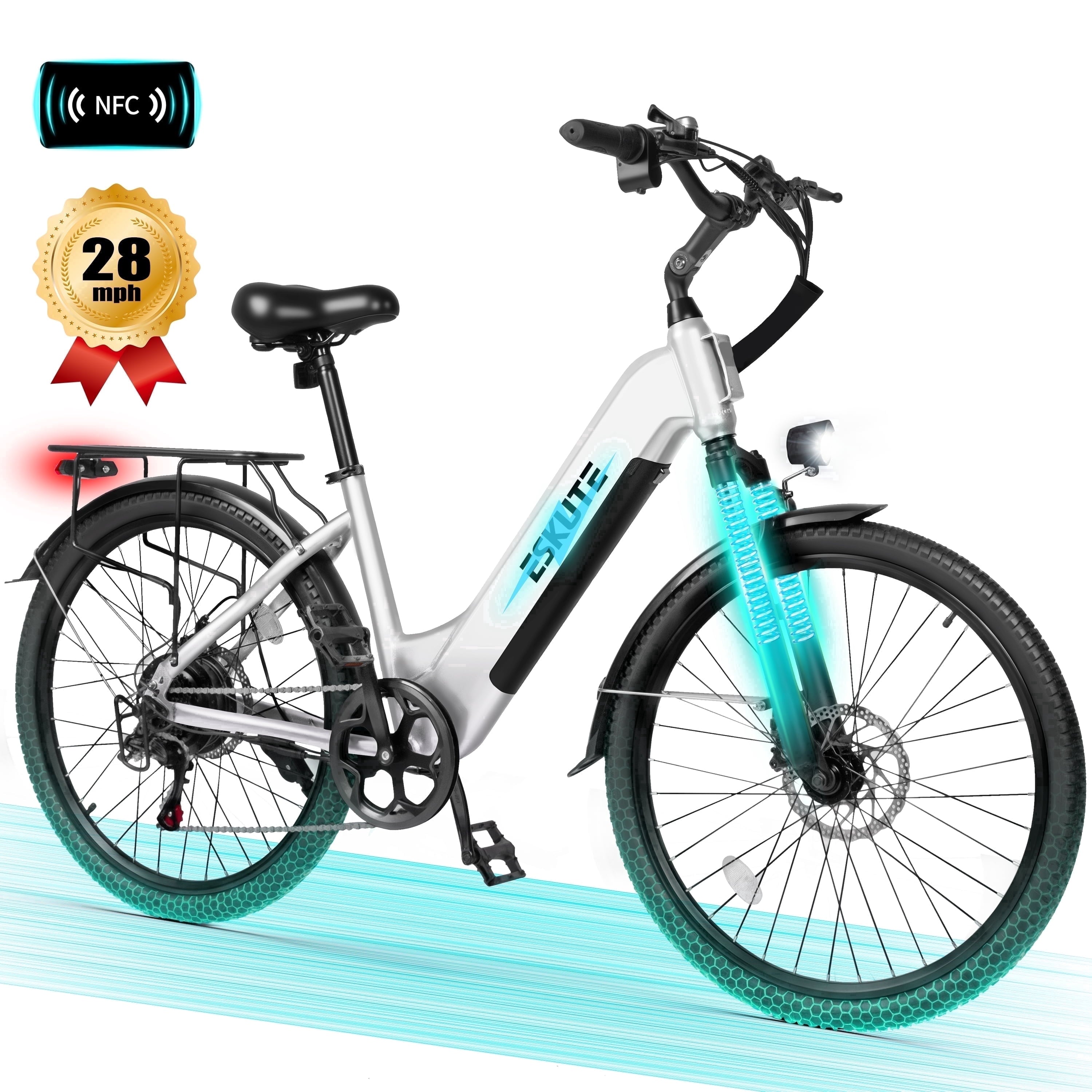 ESKUTE C200 Electric Bike for Adults, 1300W Peak Power Ebike, 28MPH Step-Thru E-Bicycle with 840Wh Removable Battery, Up to 70 Miles, 26 Tires, 7 Speed Adjustable Stem,white, UL2849