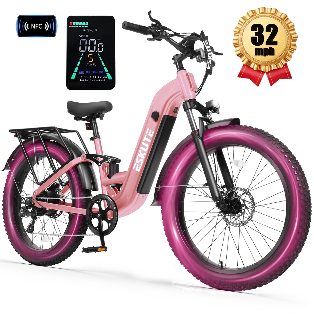 ESKUTE C300 1500W Electric Bike for Adults, 48V 20.8Ah Battery, 32MPH, 80 Miles Range, 26x4.0 Fat Tire Step-Thru Ebike, Full Suspension Electric Bicycle, 8-Speed Pink, UL2849
