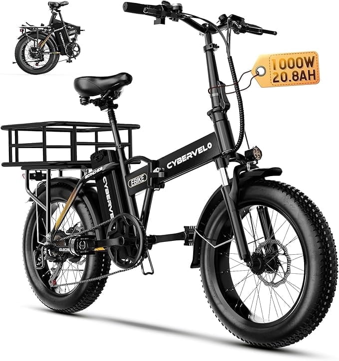 Cbvelo 1000W Folding Electric Bike for Adults, 48V 20.8AH Large Removable Battery E-Bike, 30+MPH, 80 Miles Max Range, 20 Fat Tire Electric Bike for Adults, Adult Electric Bicycles for Commute