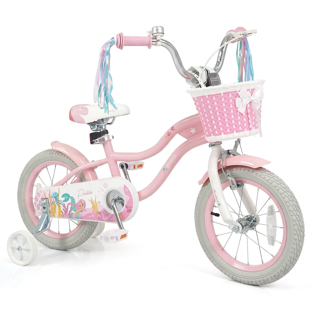 Costway 14 Kids Bike with Training Wheels Hand Coaster Brakes Adjustable Seat Handlebar Pink