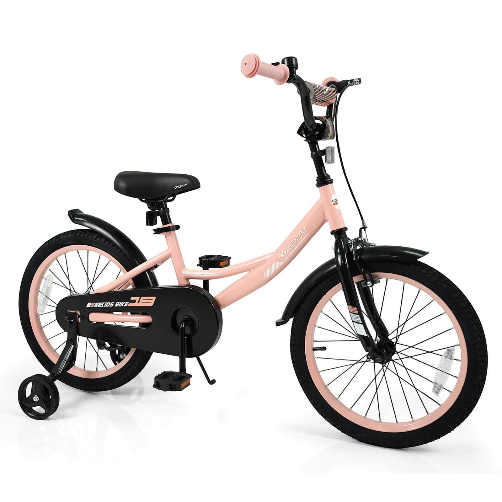 Costway 18 Inch Kids Bike with Training Wheels, Dual Brakes, Adjustable Seat & Handlebar Height Pink