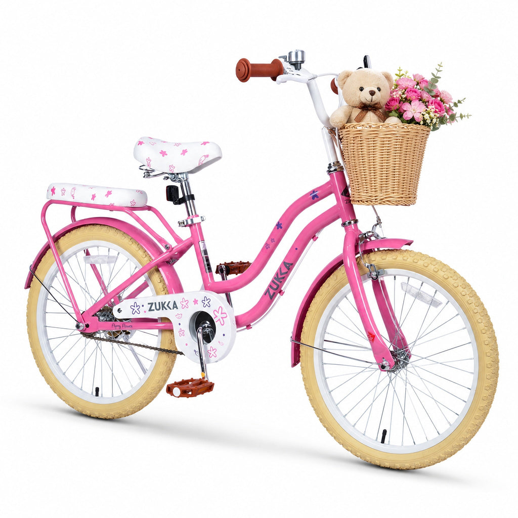 Dolonm 20 Kids Bike for Ages 7-10, Lightweight High-Carbon Steel Frame Cruiser Bicycle, Girls Bike with Wicker Basket, Rear Seat Rack, No Training Wheels, Pink