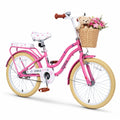 Dolonm 20 Kids Bike for Ages 7-10, Lightweight High-Carbon Steel Frame Cruiser Bicycle, Girls Bike with Wicker Basket, Rear Seat Rack, No Training Wheels, Pink