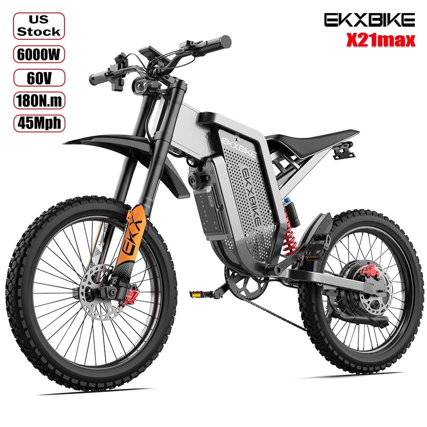 EKXBIKE Peak 6000W X21 Max Electric Bike for Adults,60V 30Ah Battery Off-Road E-Bike,50 MPH Electric Motorcycle,19x2 All Terrain Tires,Dual Suspension Mountain Ebike UL2849
