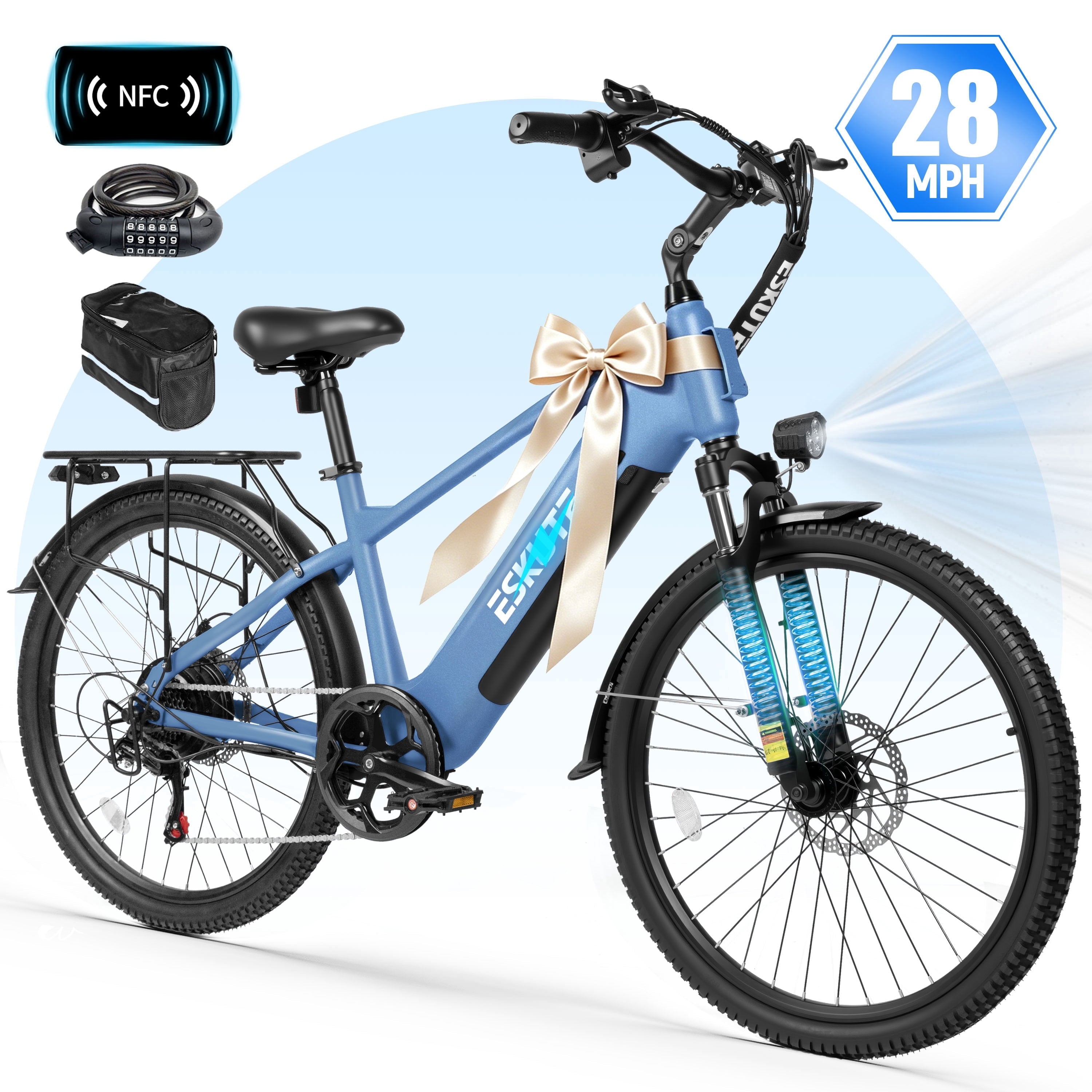 ESKUTE C200D 70-Mile Electric Bike for Adults, 840Wh Removable Battery, 1300W Peak Motor, Up to 28MPH, 26 Tires, 7-Speed Step-Over E-Bike White, UL2849