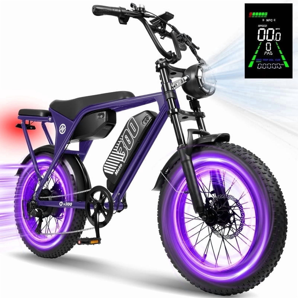 ESKUTE V300D Ebike for Adults, Up to 30MPH Electric Bicycle, Peak 1500W Motor, 48V 41.6AH Removable Battery, 20 x 4.0 Fat Tire E-Bike, Full Suspension, 7-Speed for All Terrain Purple, UL2849