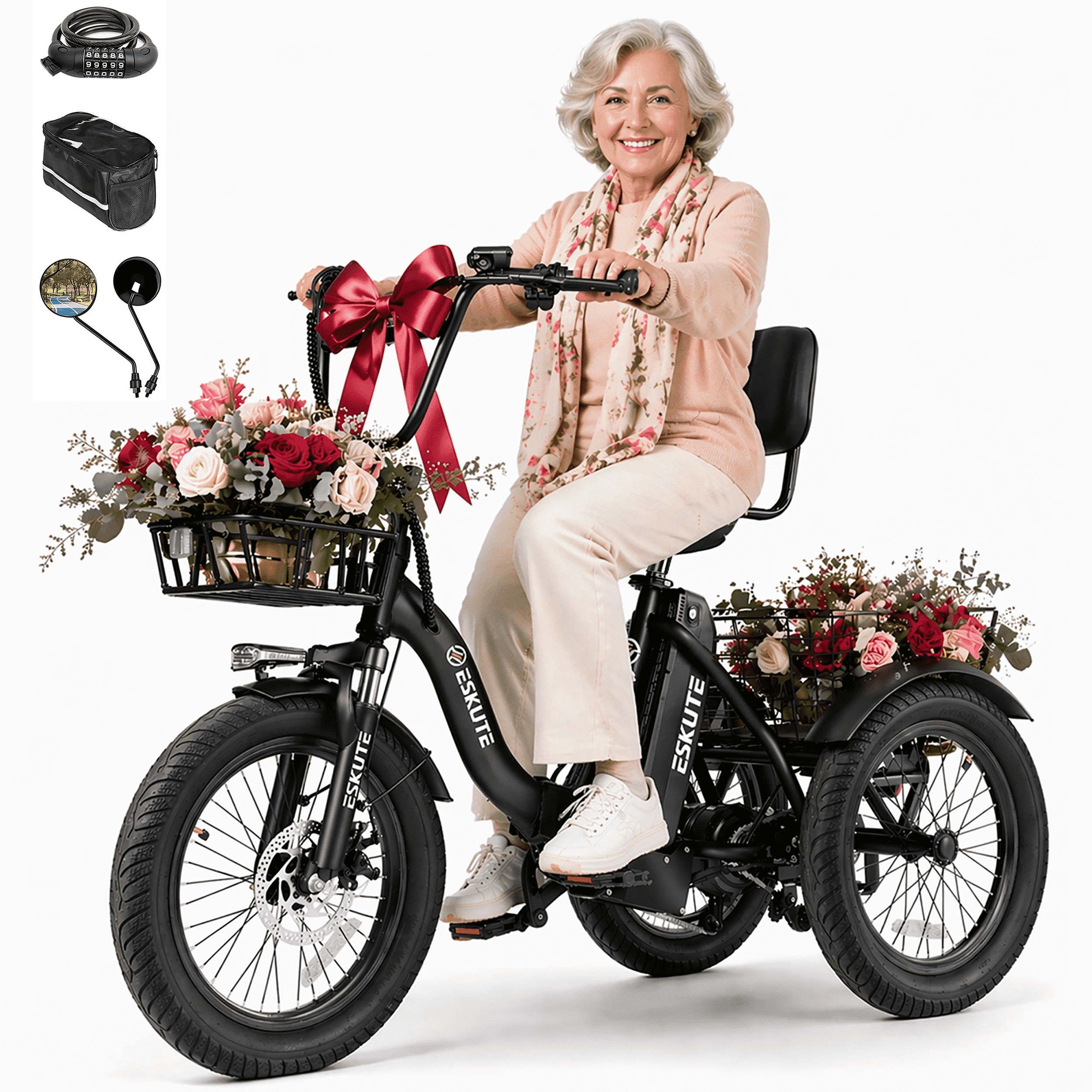 ESKUTE Electric Tricycle for Adults, 1200W Peak Motor, Up to 55 Miles Range, 624Wh Removable Battery, Folding 3-Wheel Ebike with 18x3.0 Fat Tires, Step-Through Red, UL2849