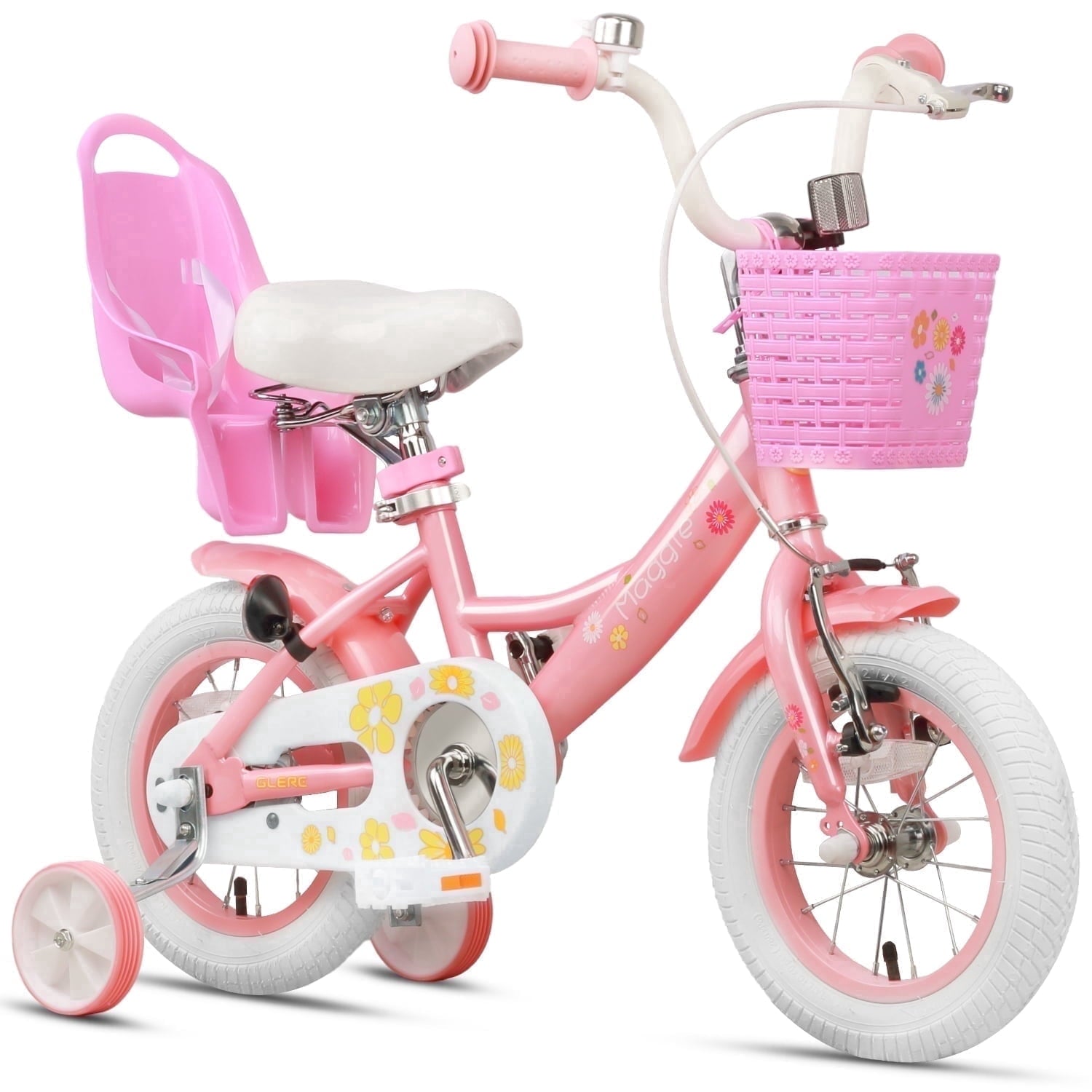 Glerc Maggie 14 inch Kids Girls Bike for Ages 3-5 Years Old Children, Princess Style Kids Bicycle with Doll-Seat & Basket & Training Wheels, Pink