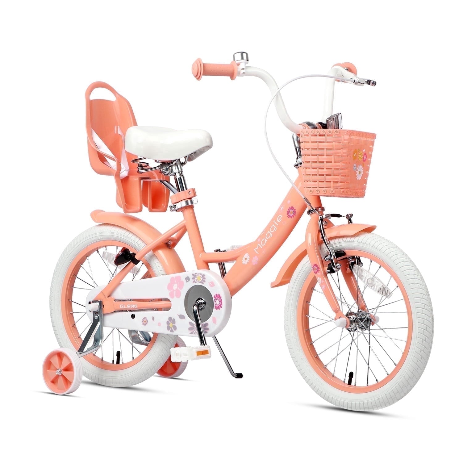 Glerc Maggie 14 inch Kids Girls Bike for Ages 3-5 Years Old Children, Princess Style Kids Bicycle with Doll-Seat & Basket & Training Wheels, Pink